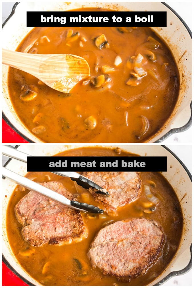 adding meat into mushroom gravy in pan