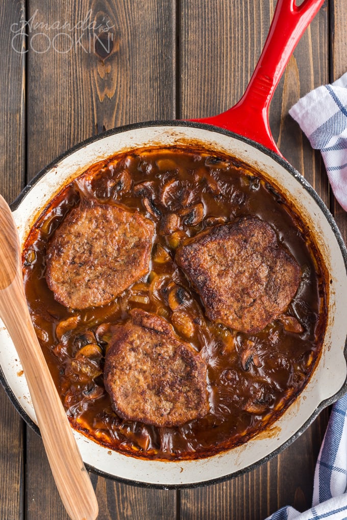 baked swiss steak in a skillet
