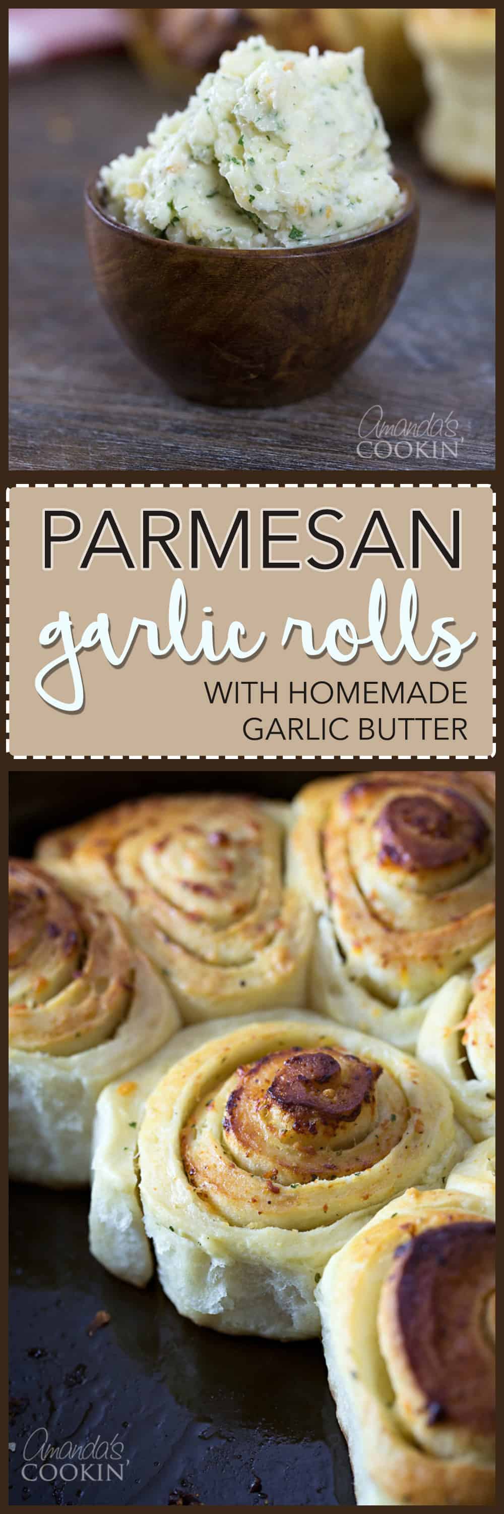 A close up photo of a bowl of garlic butter and a photo of Parmesan garlic rolls.