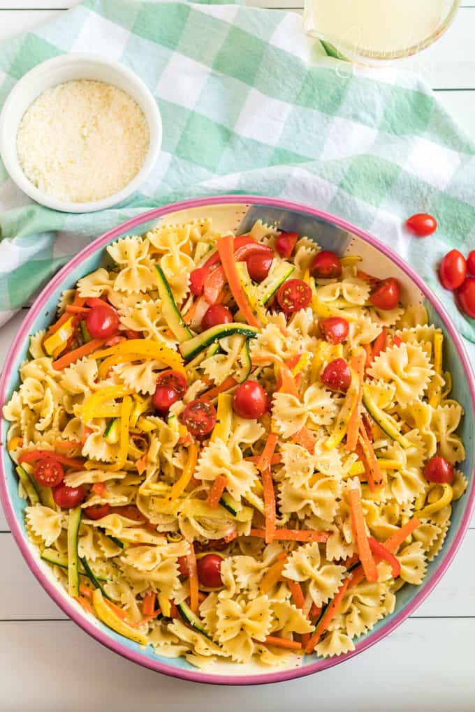 big bowl of pasta primavera on table