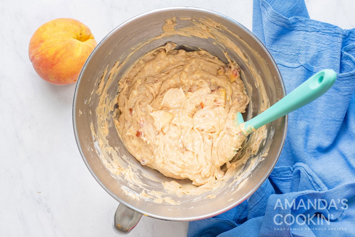 peach bread batter in bowl