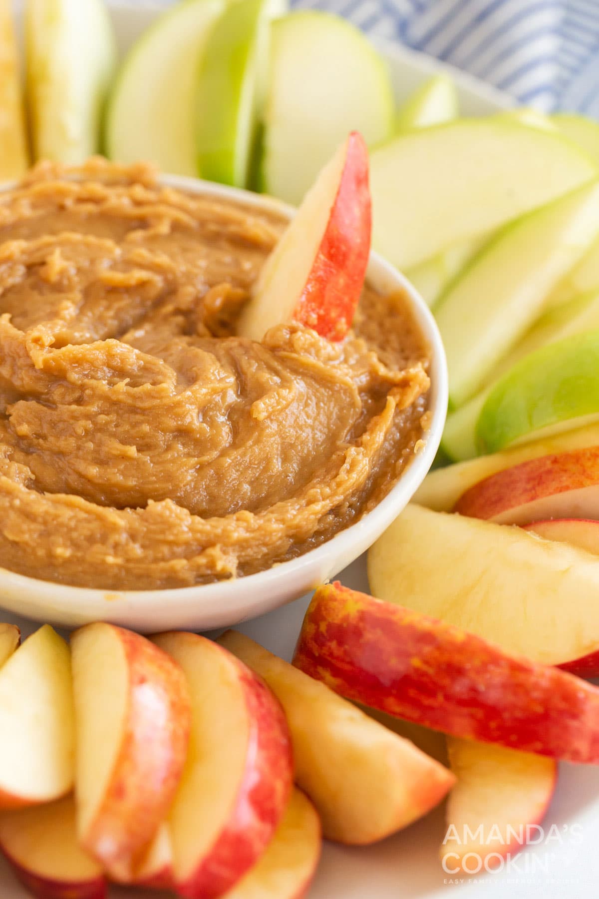 bowl of peanut butter fruit dip surrounded by apple slices on a plate