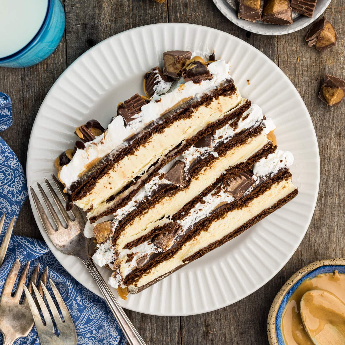 overhead photo of a slic of ice cream sandwich cake