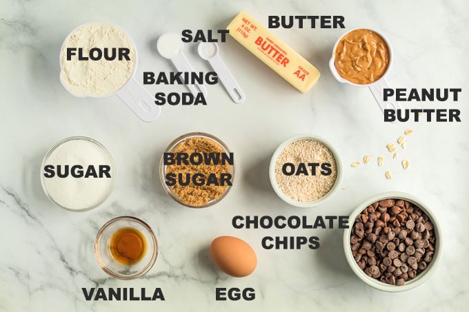 ingredients for Peanut Butter Oatmeal Chocolate Chip Cookies