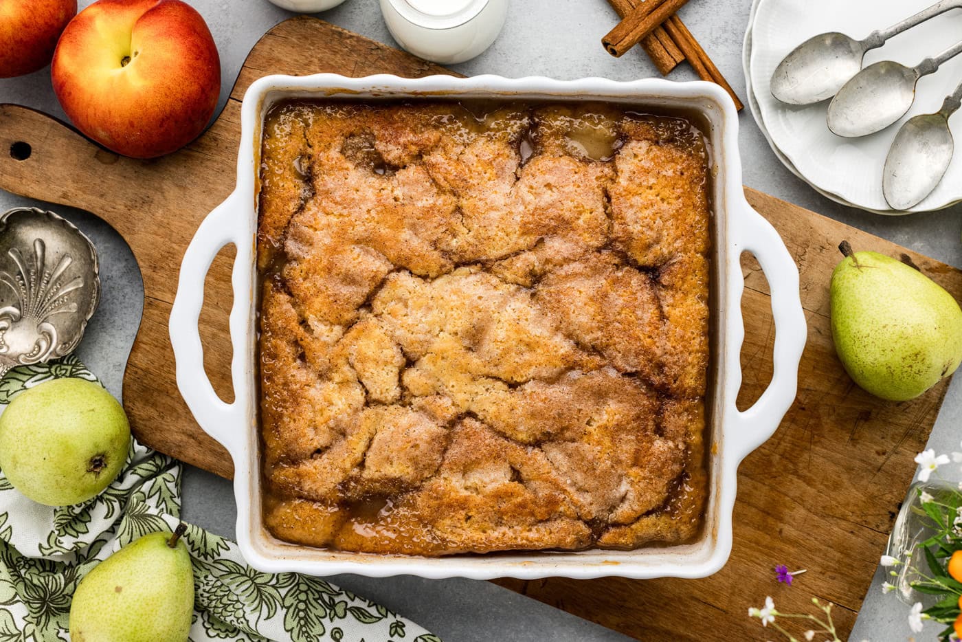 overhead shot of baked pear peach cobbler