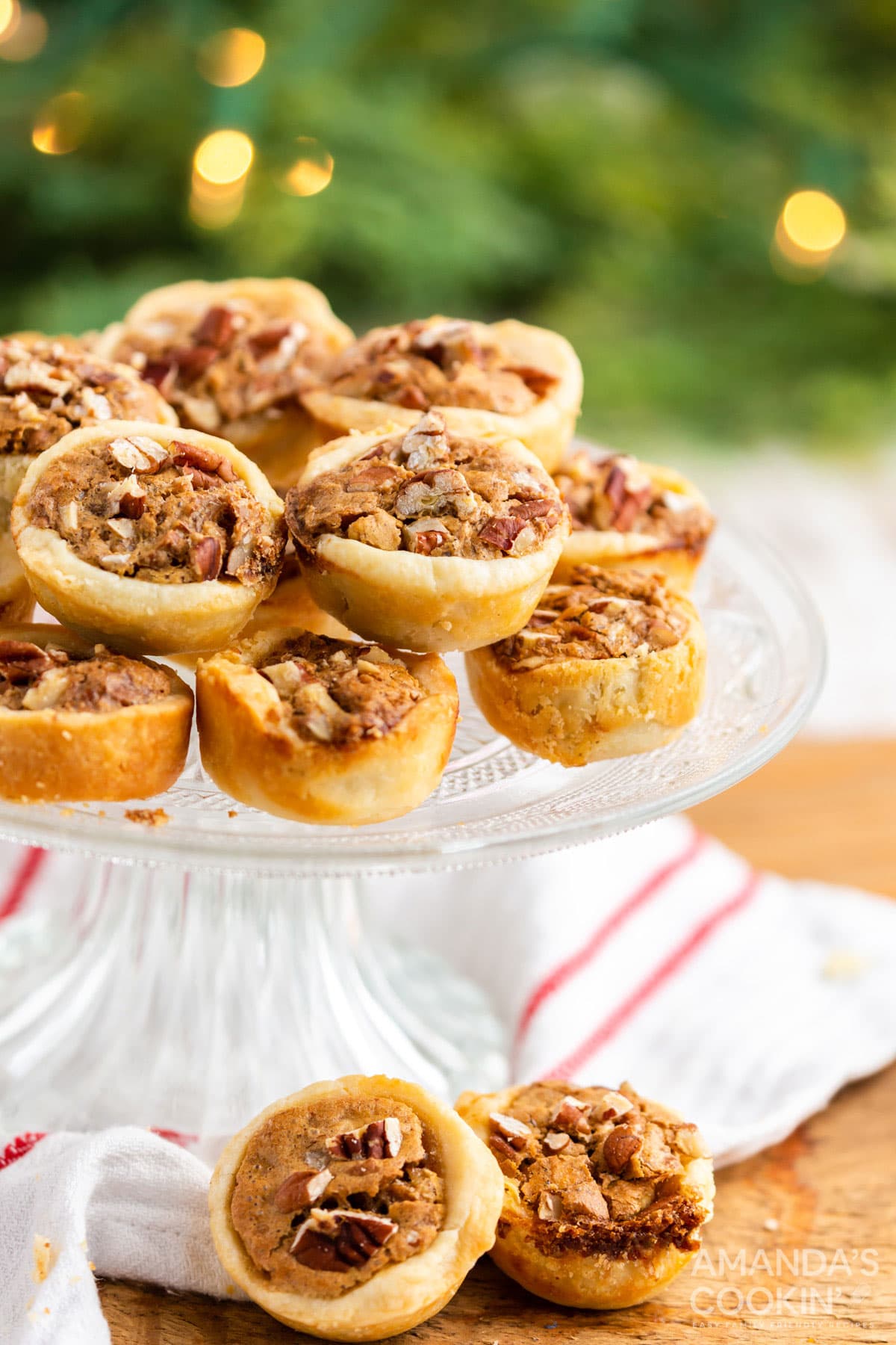 PECAN TASSIES ON A CAKE PLATE