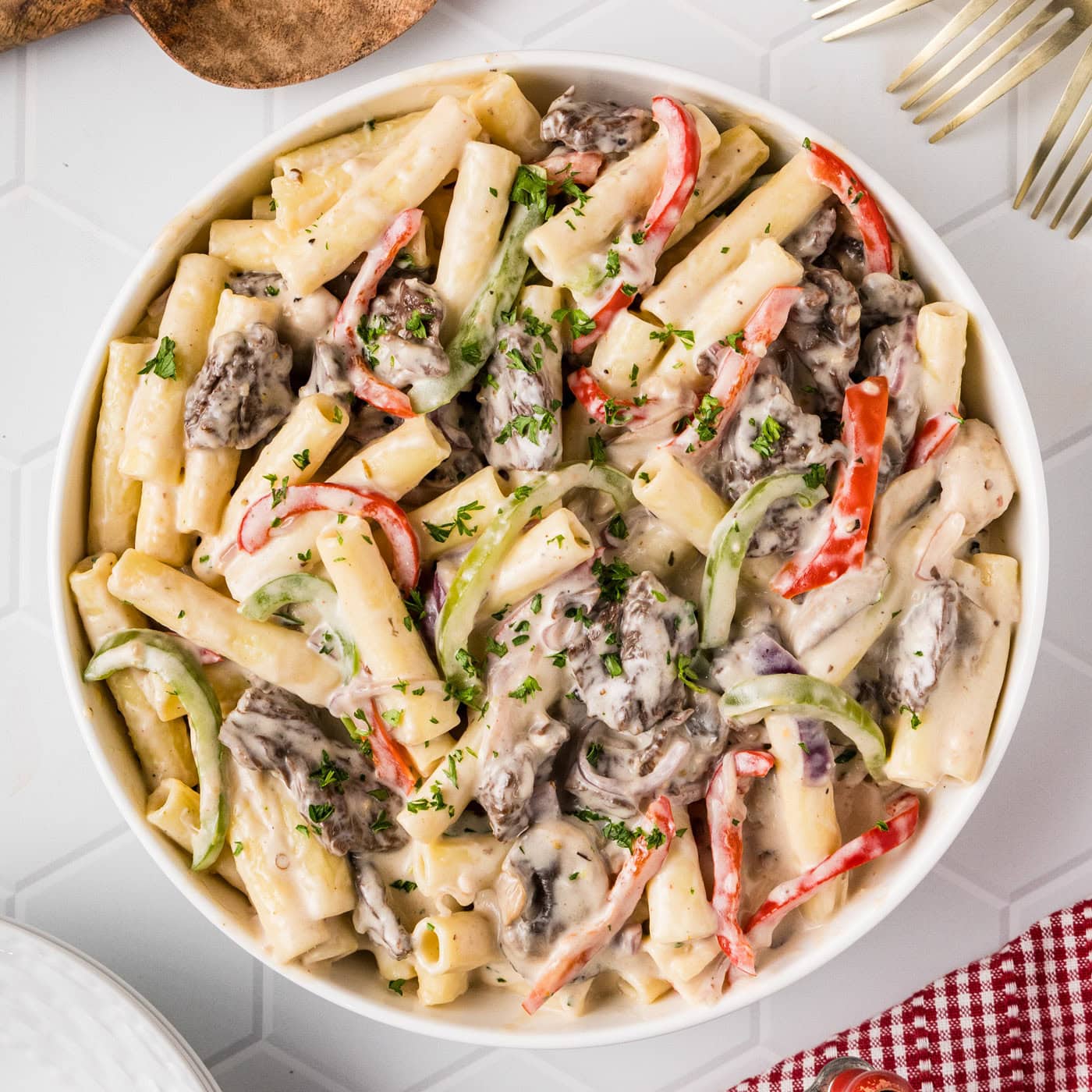 Close up photo of a bowl of Philly Cheesesteak Pasta