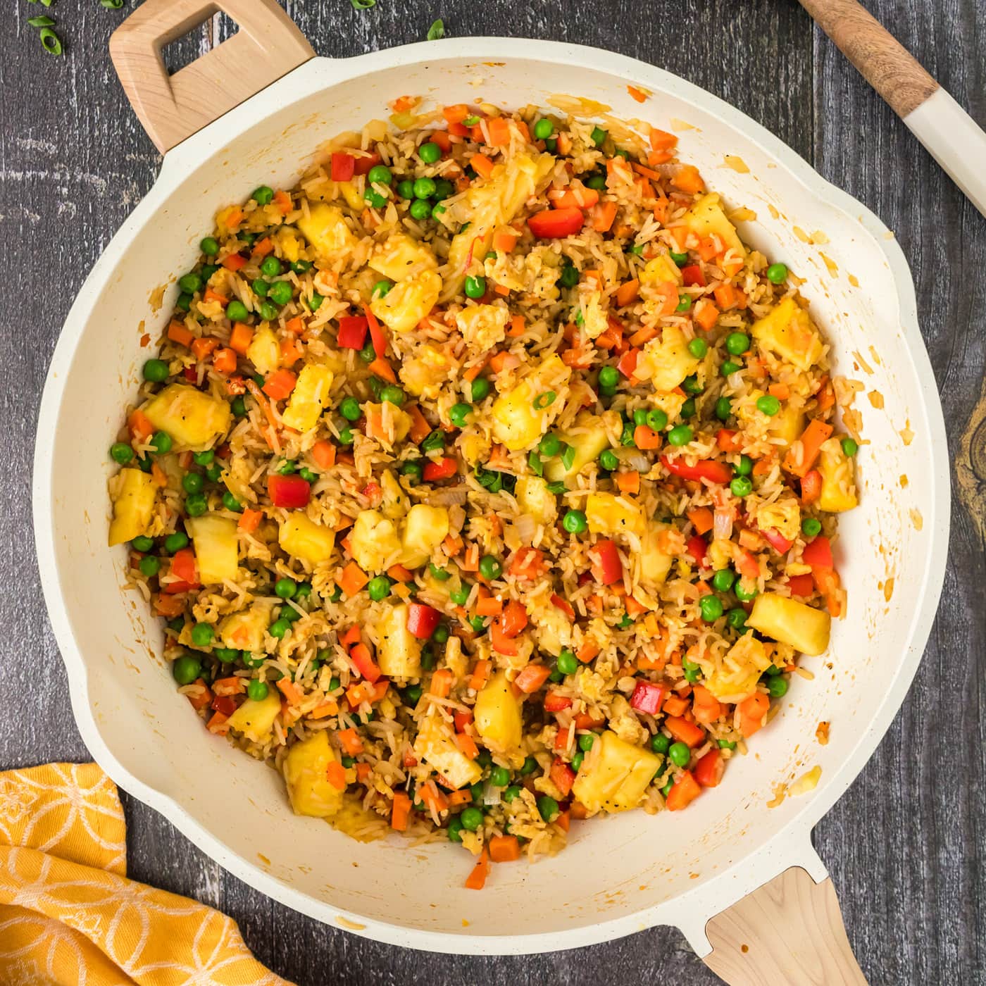Overhead photo of Pineapple Fried Rice in a skillet