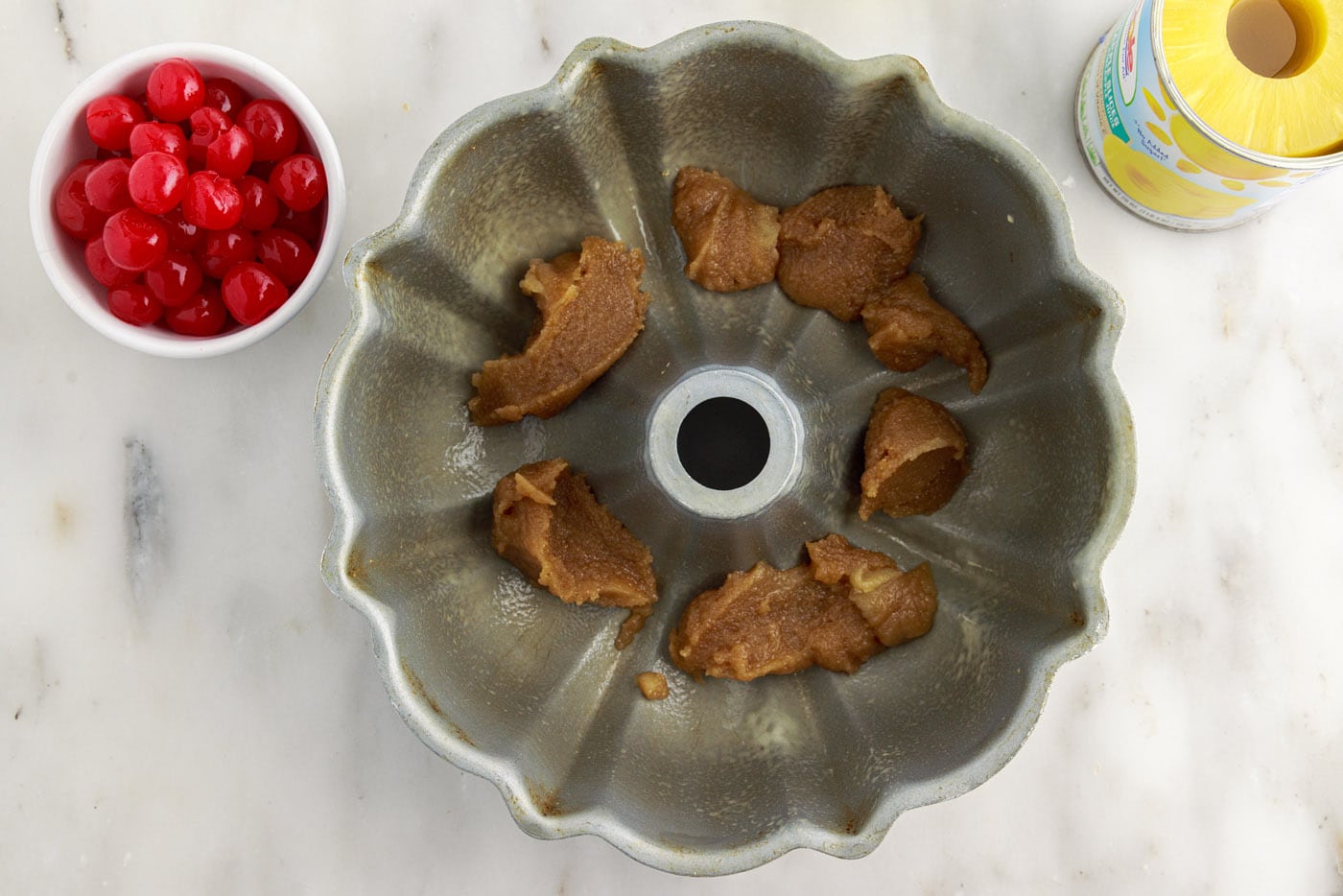 brown sugar mixture in bottom of bundt cake pan