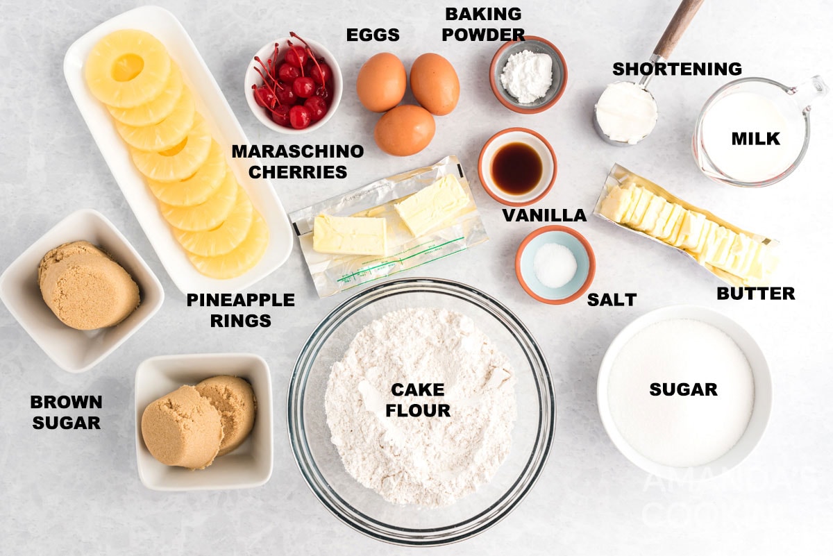 labeled ingredients for pineapple upside down cake