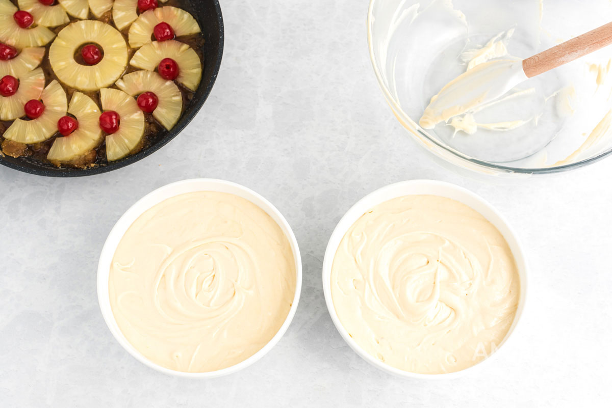 two bowls of cake batter