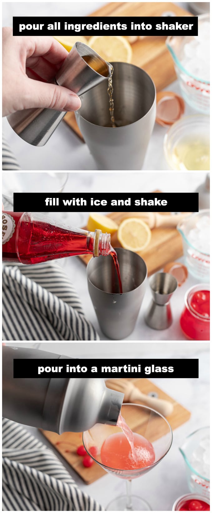 making a pink lady cocktail drink
