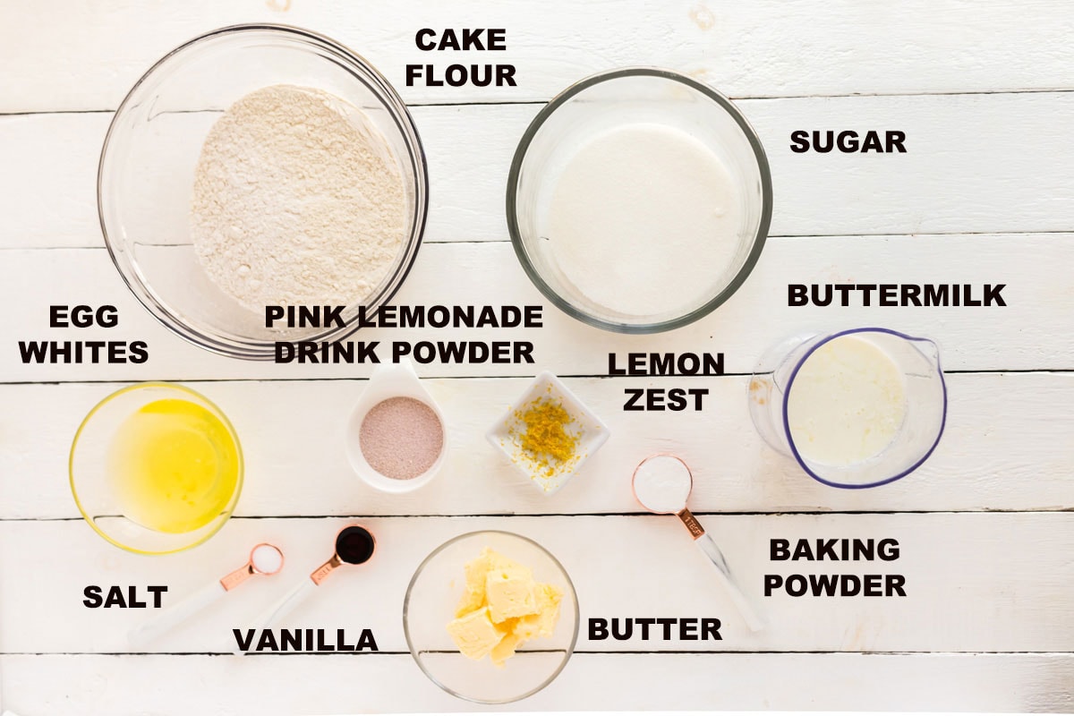 labeled ingredients for pink lemonade cake