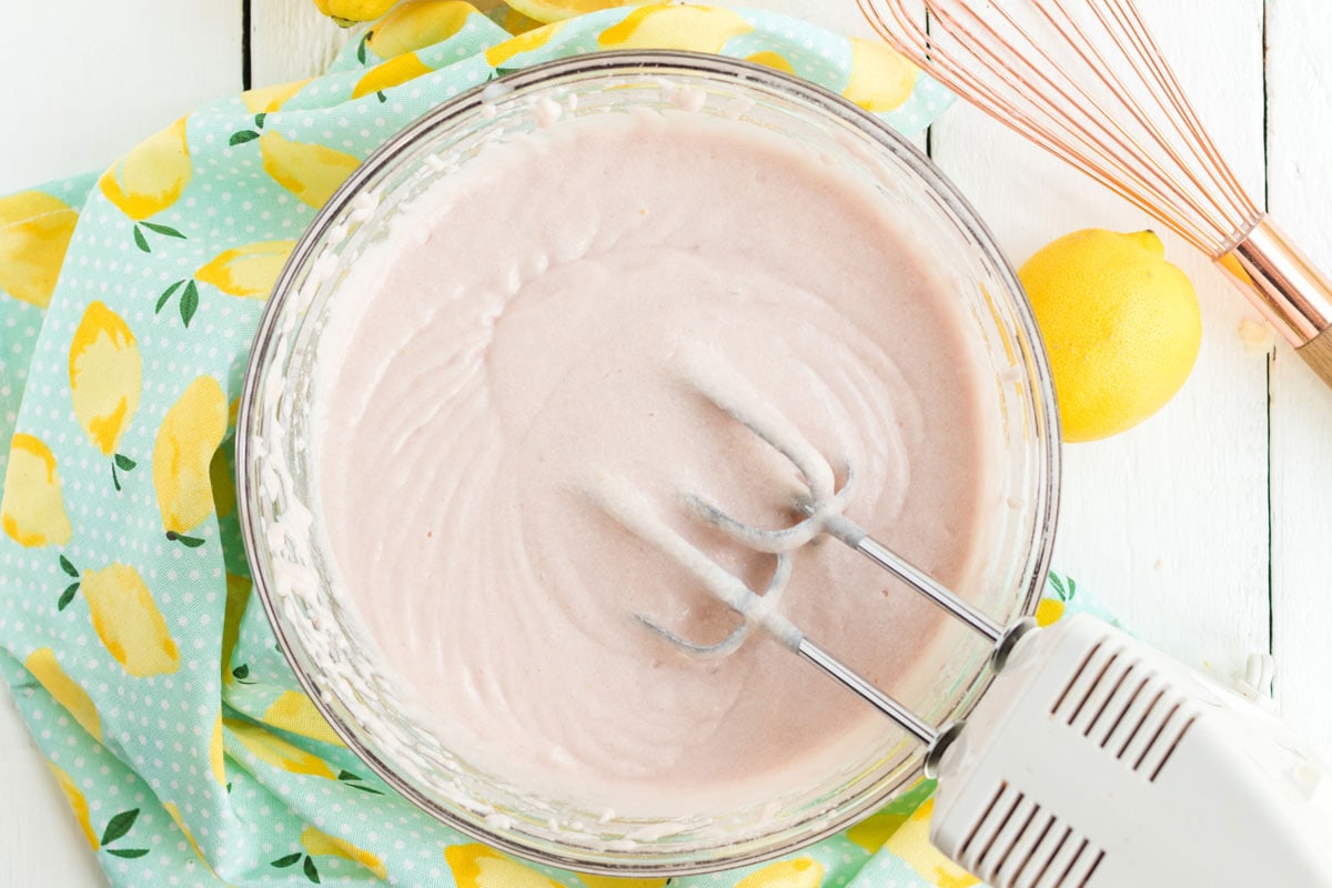 pink cake batter in a bowl