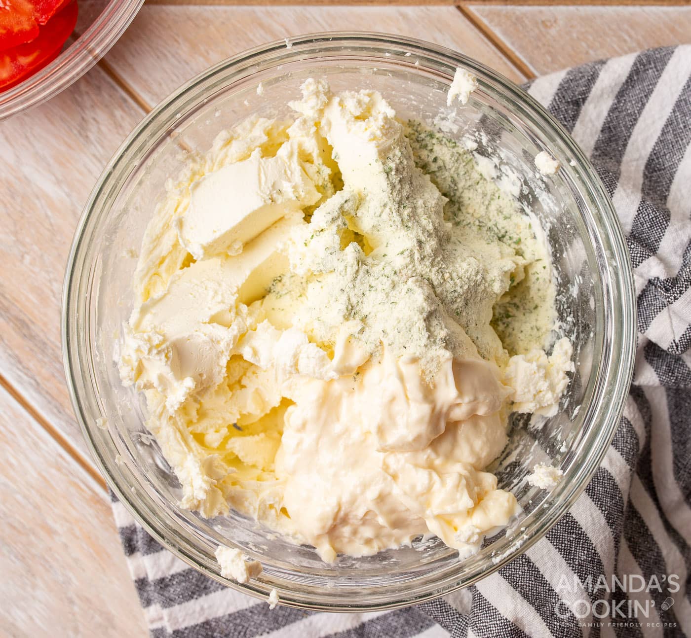 cream cheese, mayo, and ranch seasoning in a bowl