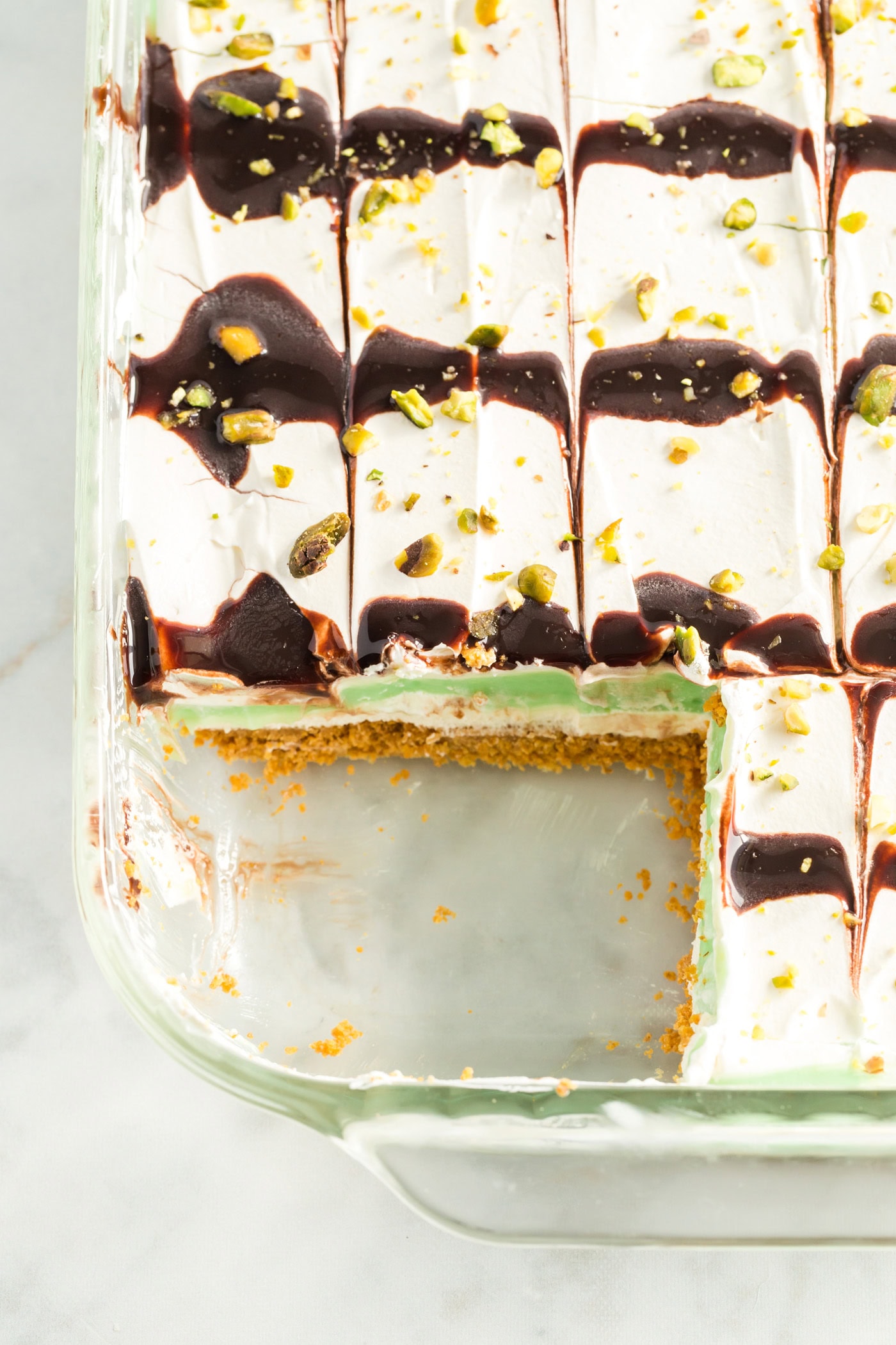 Pistachio Lush in a 13x9 pan with a slice removed