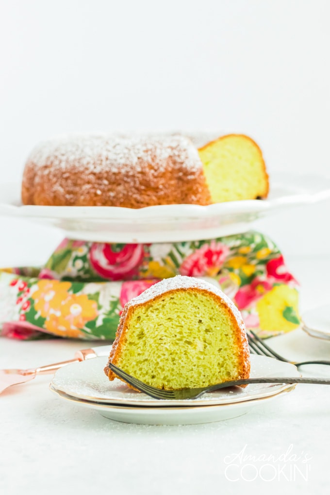 slice of pistachio cake on plate