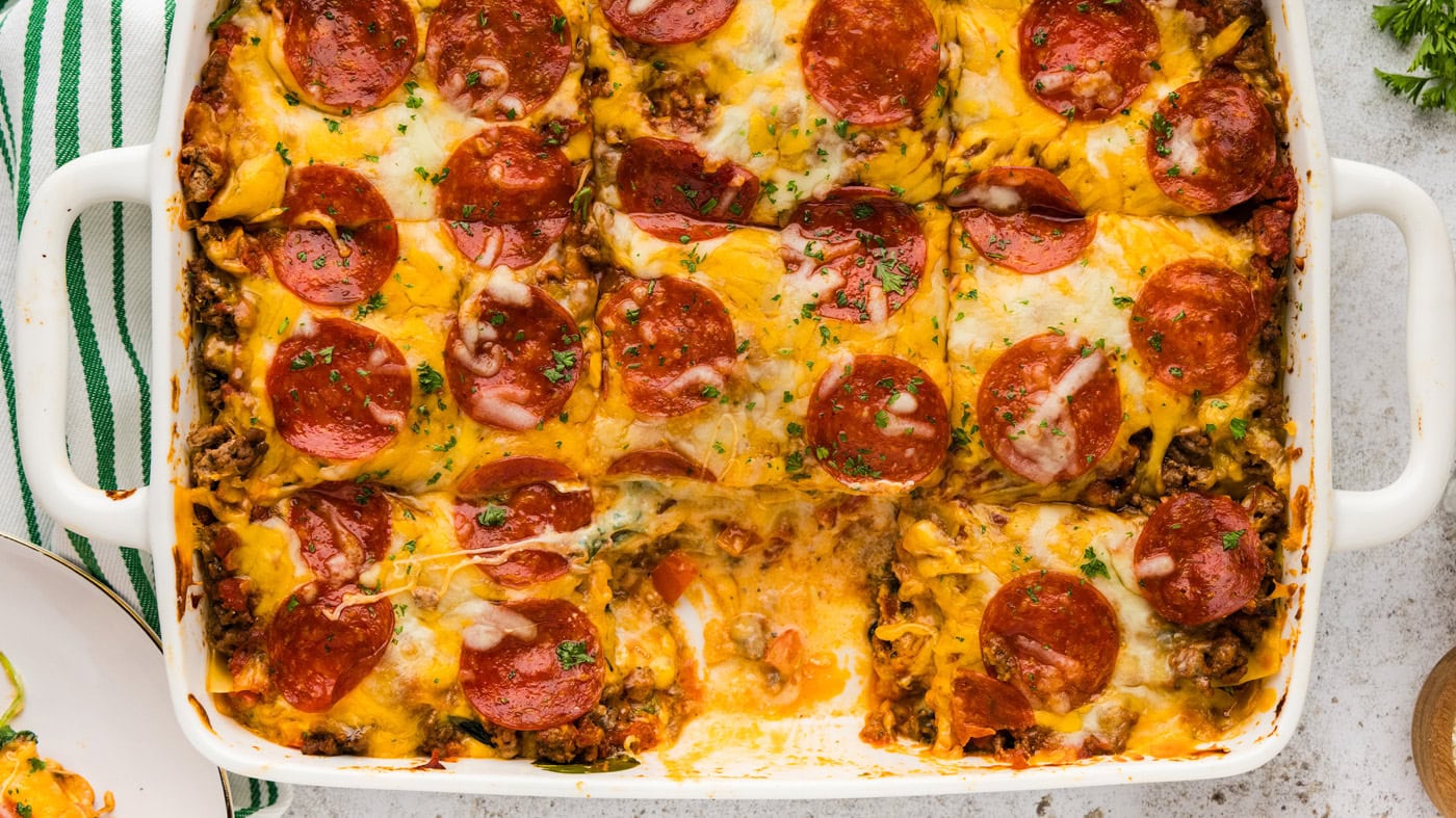 overhead photo of a pan of pizza lasagna