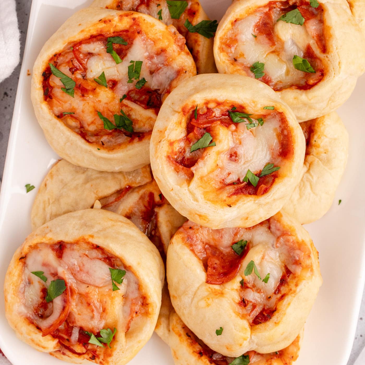 Overhead photo of Pizza Pinwheels on a platter