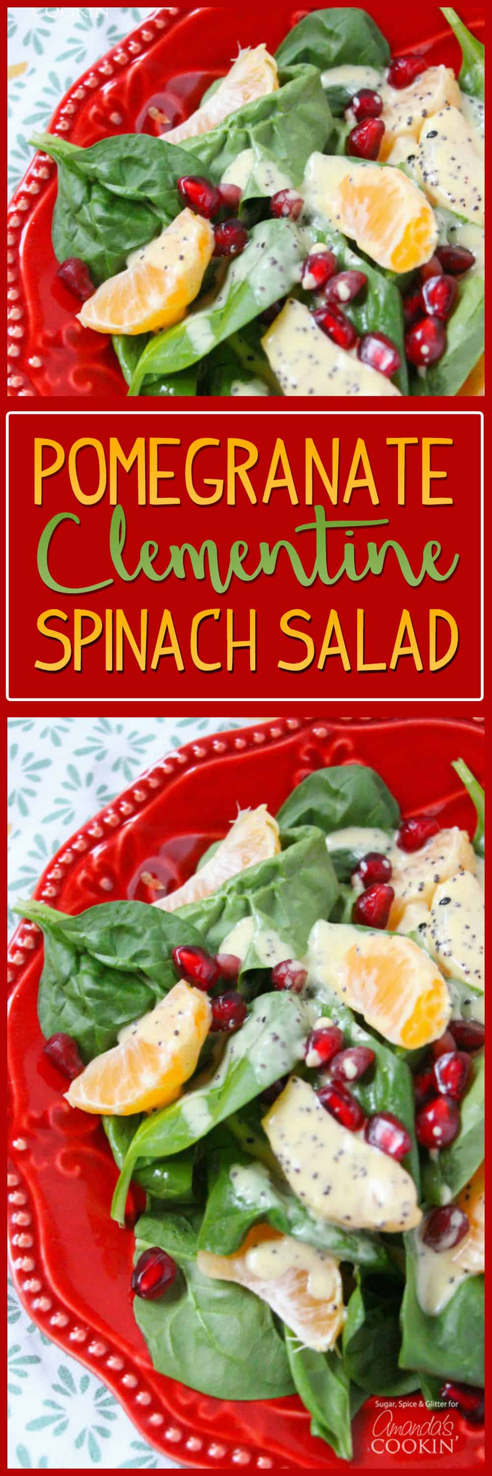 Overhead photos of a pomegranate clementine spinach salad on a red plate.