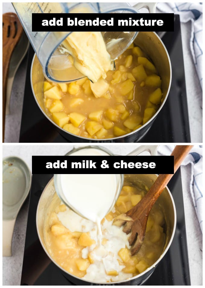 adding blended potato mixture back to pan