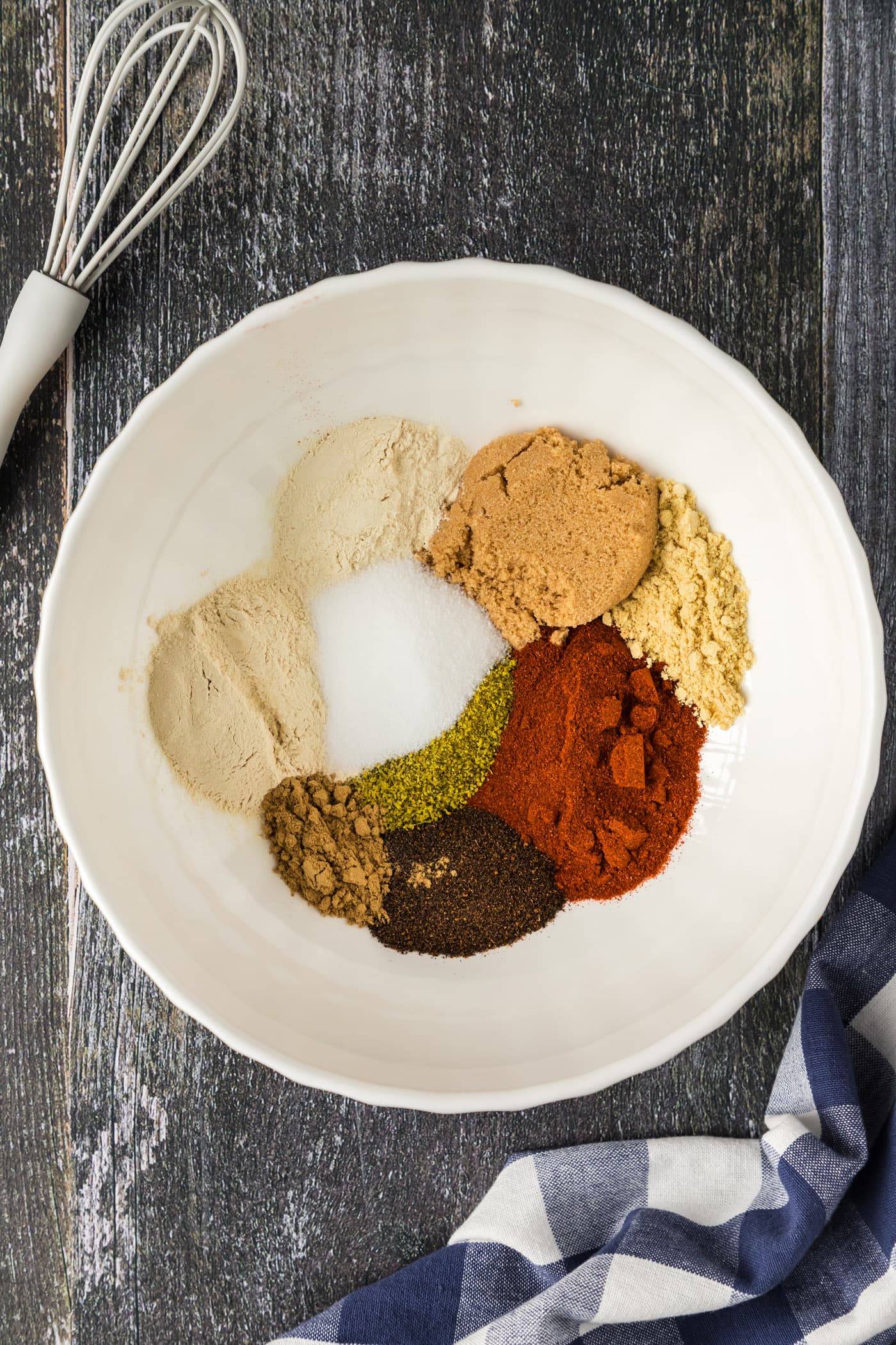 Ingredients for Pulled Pork Rub in a bowl with a whisk to the side