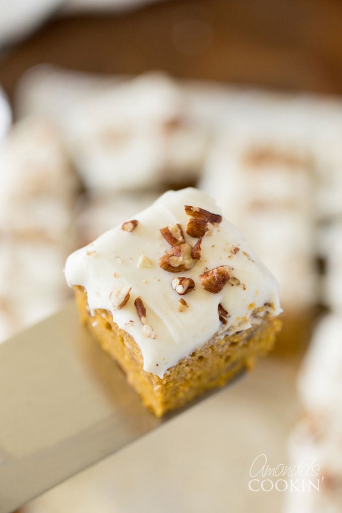 one slice of pumpkin cake on a spatula