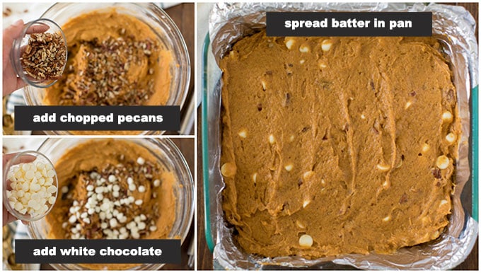 adding pecans and white chocolate chips to pumpkin cake batter