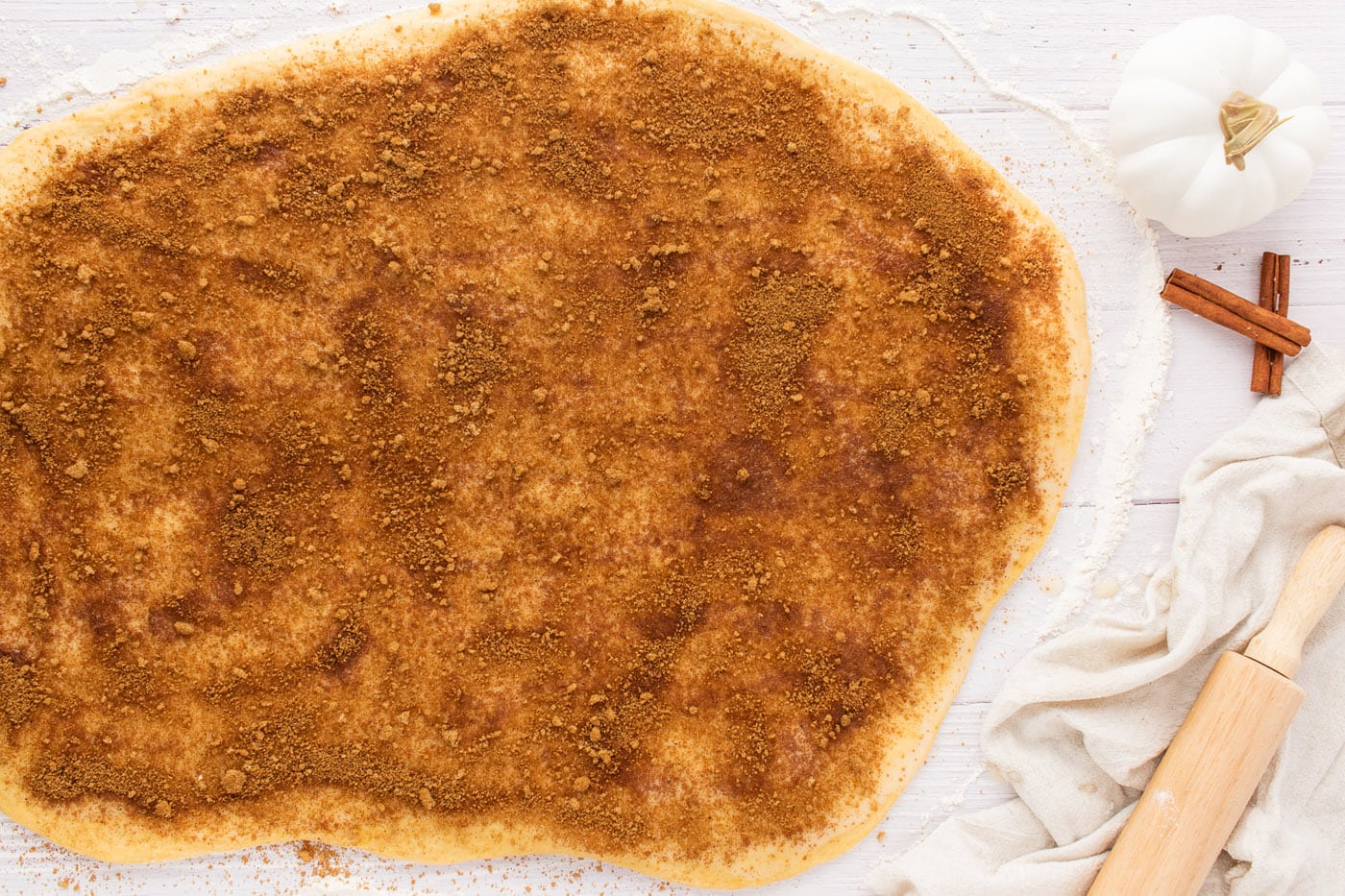 cinnamon, nutmeg, and brown sugar spread over cinnamon roll dough