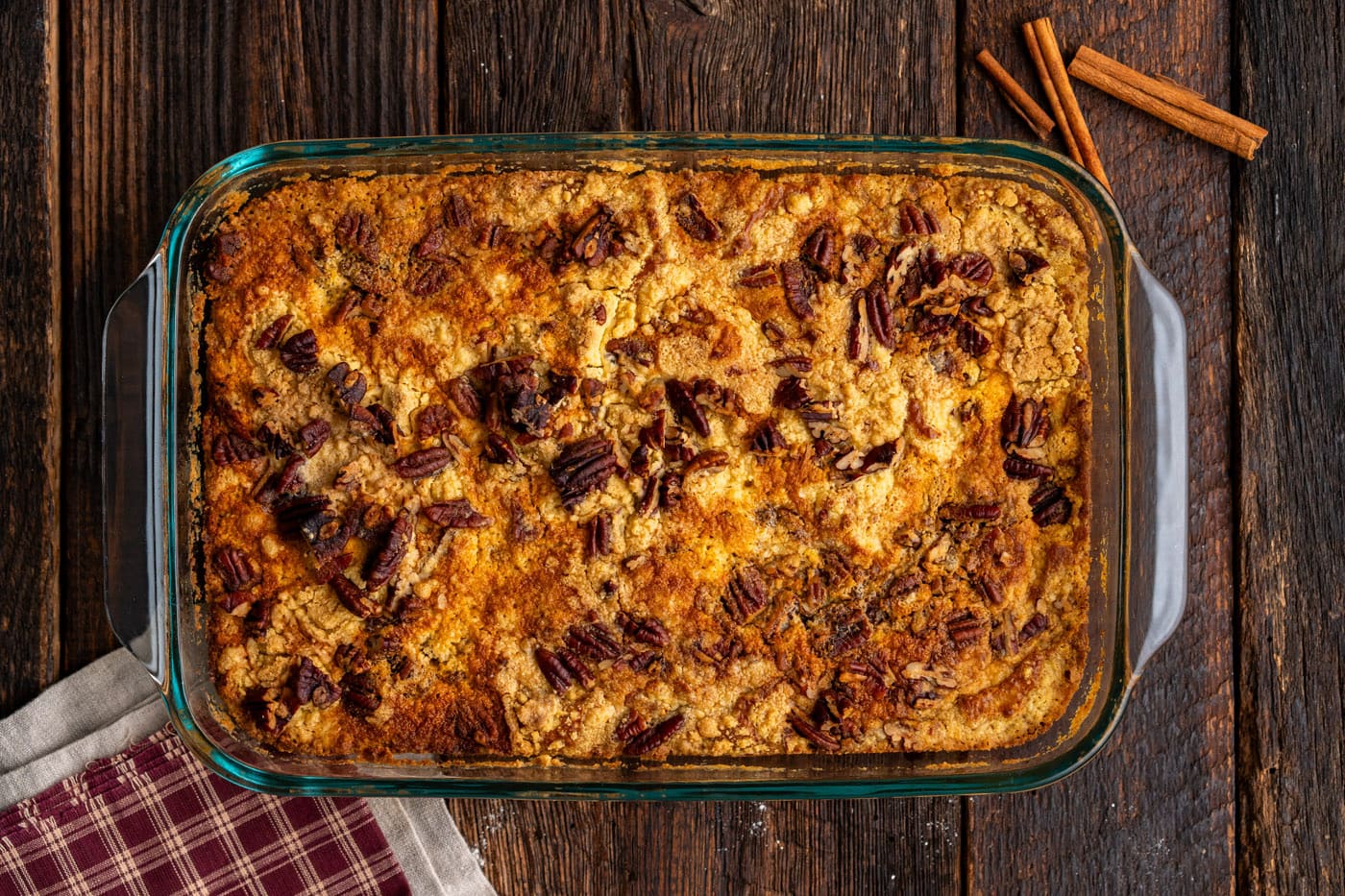 overhead of finished baked pumpkin dump cake