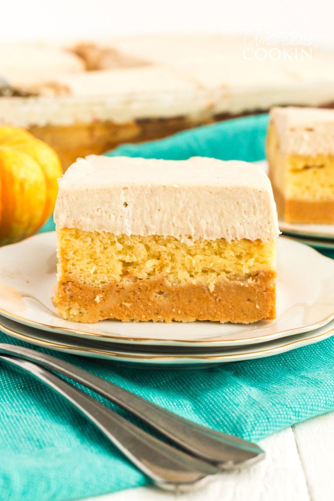 layered pumpkin magic cake on a plate