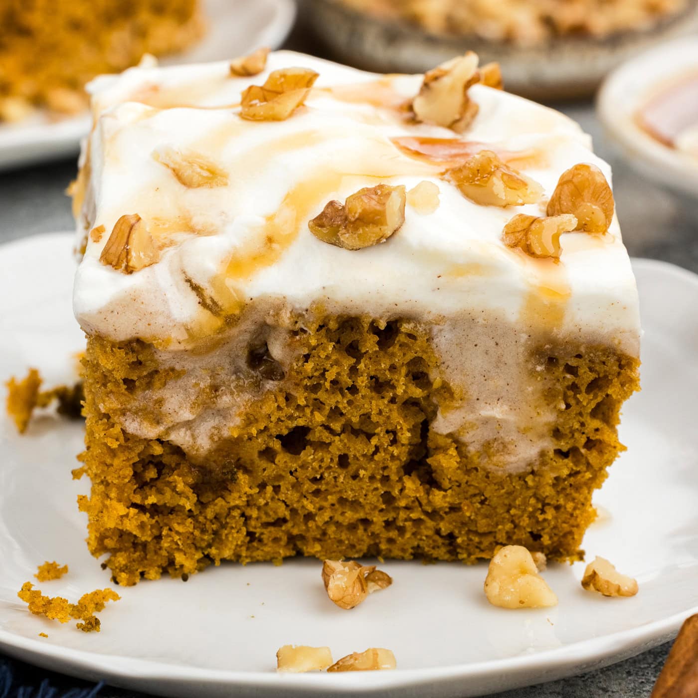 slice of pumpkin pudding poke cake