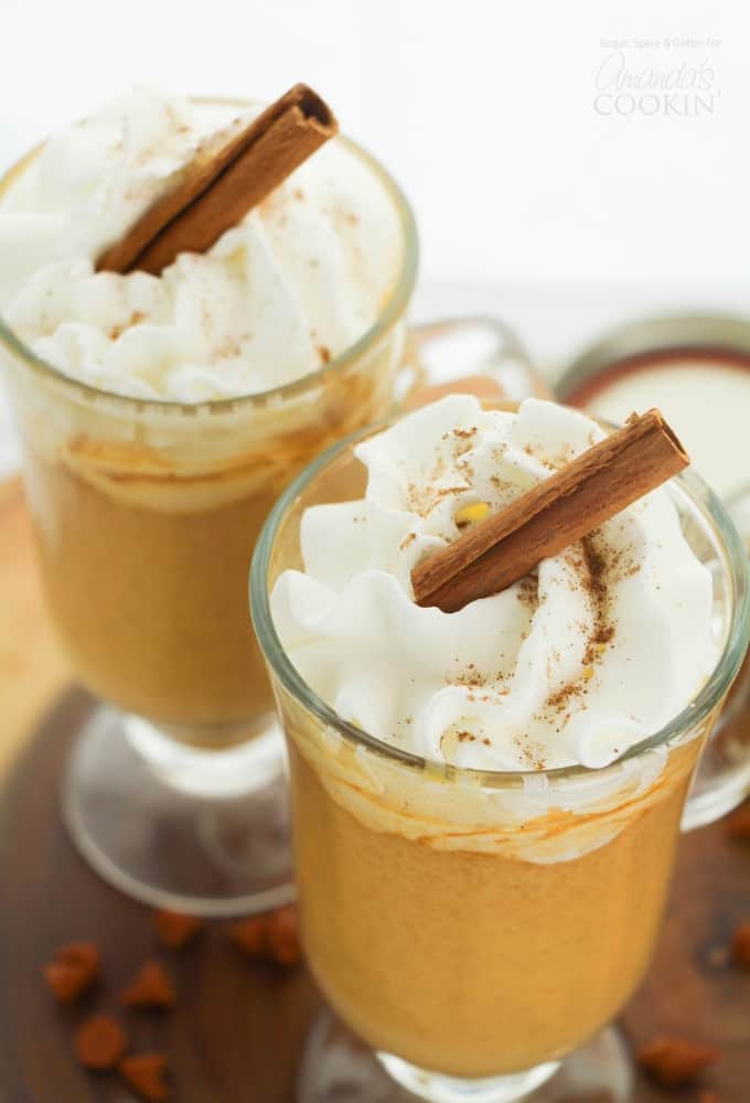 Pumpkin Spice Hot Chocolate with cinnamon stick garnish