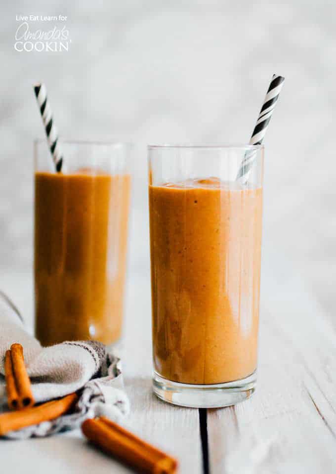 Pumpkin Spice Latte Smoothie with striped paper straws