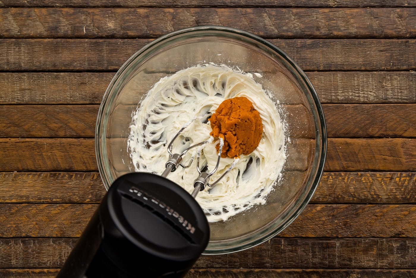 cream cheese and pumpkin in bowl
