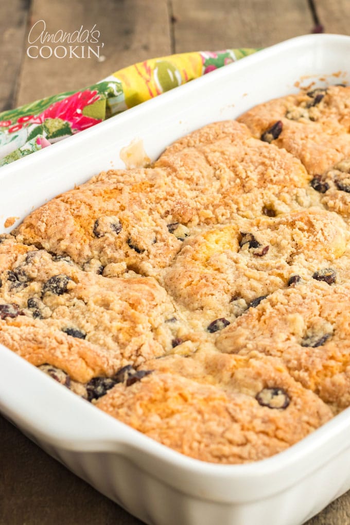baked apple cranberry cobbler in 13x9 pan