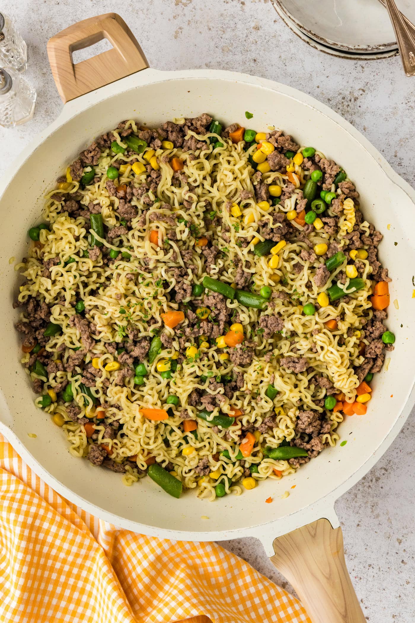 Ramen Noodle Casserole with Ground Beef in a skillet