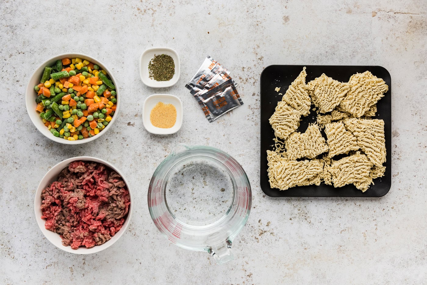 ingredients for making Ramen Noodle Casserole with Ground Beef