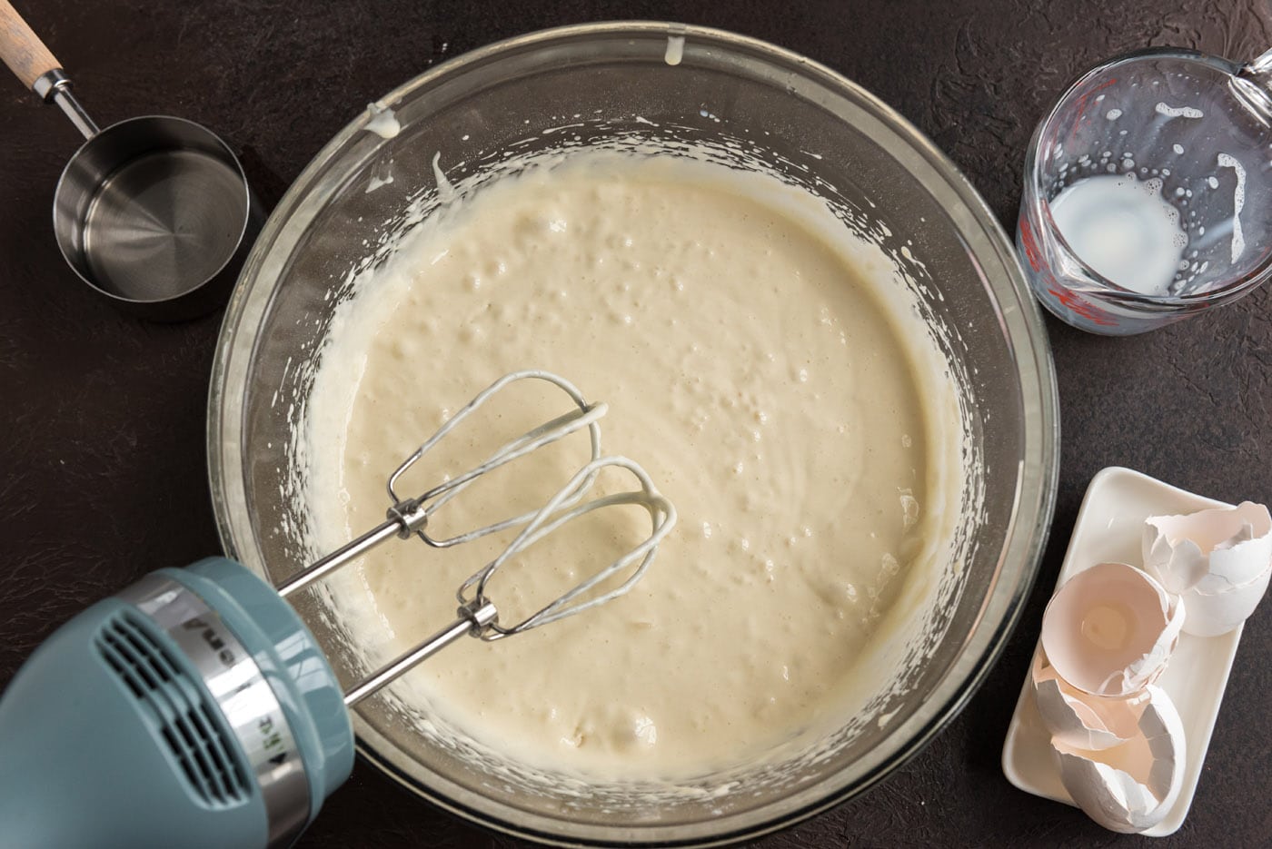 cake batter in a bowl of a mixer