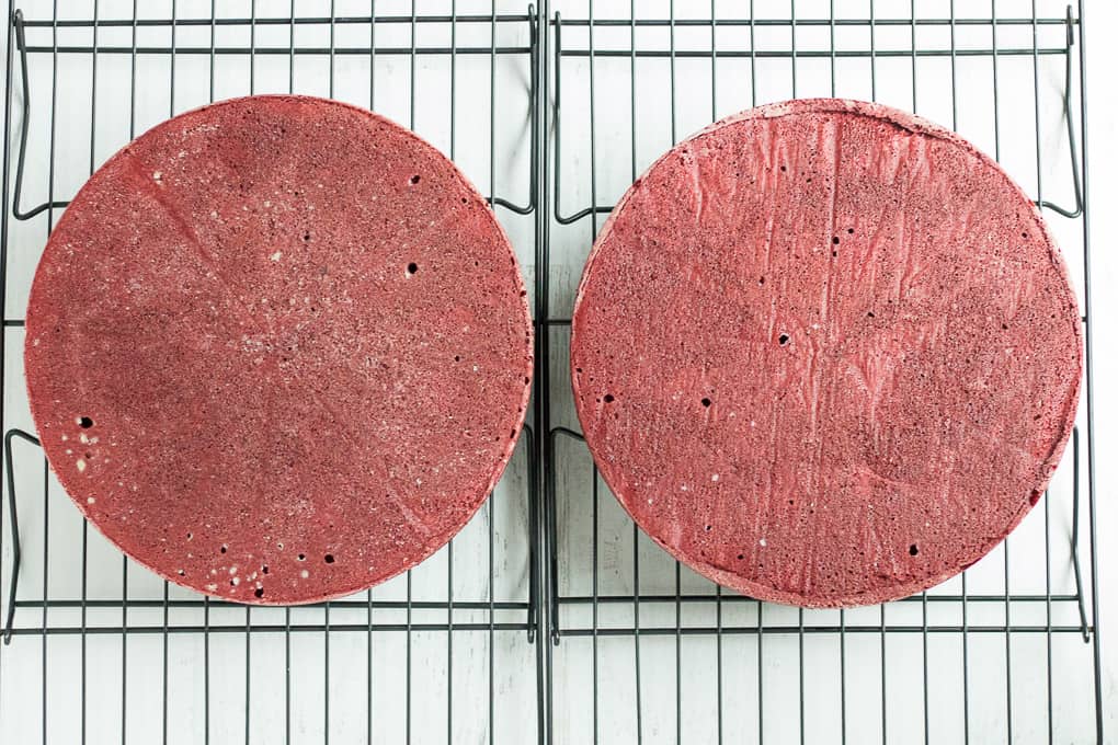 When the cakes are done, allow to cool in the pans on a wire rack for 5-10 minutes and then turn the cakes out onto the wire racks and allow them to cool completely before frosting.