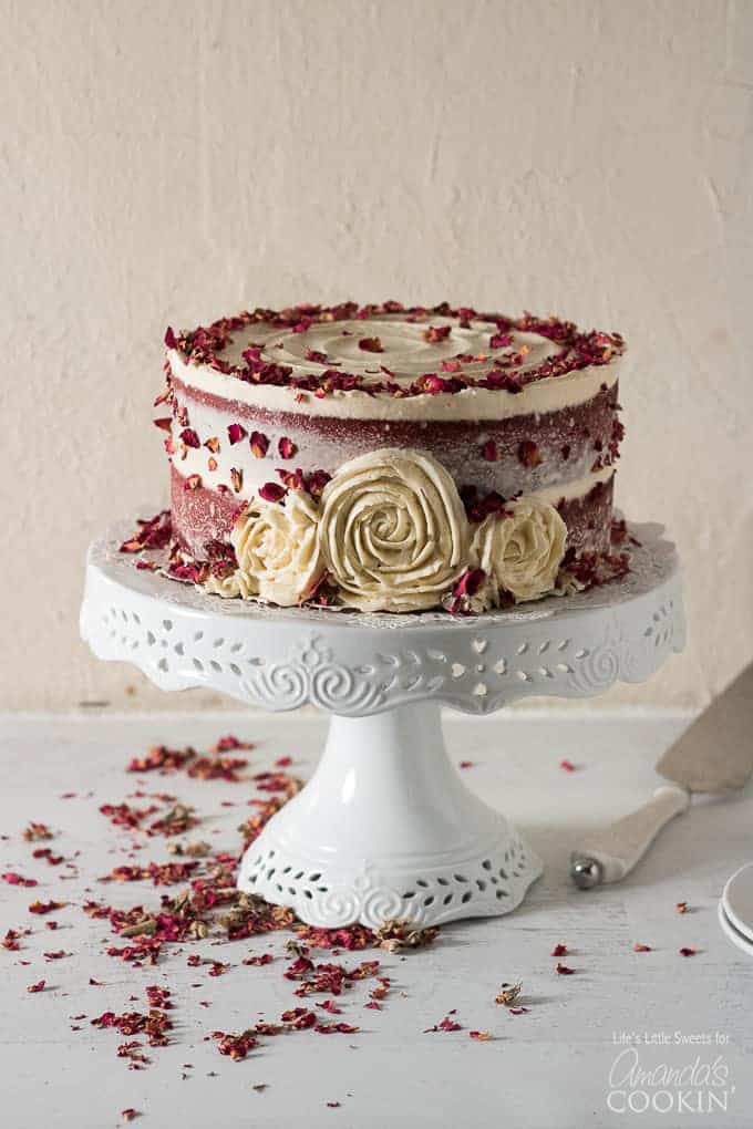 Red Velvet Cake completed on cake stand