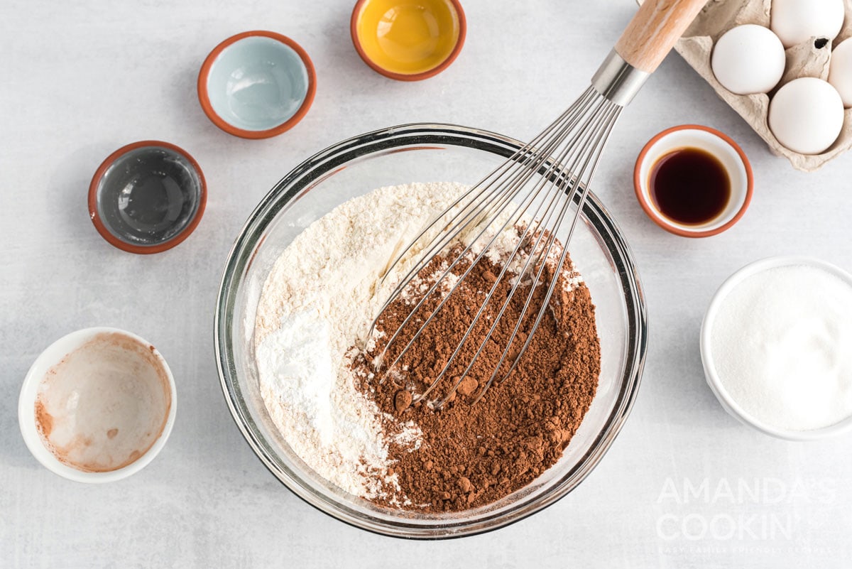 whisking cocoa and flour