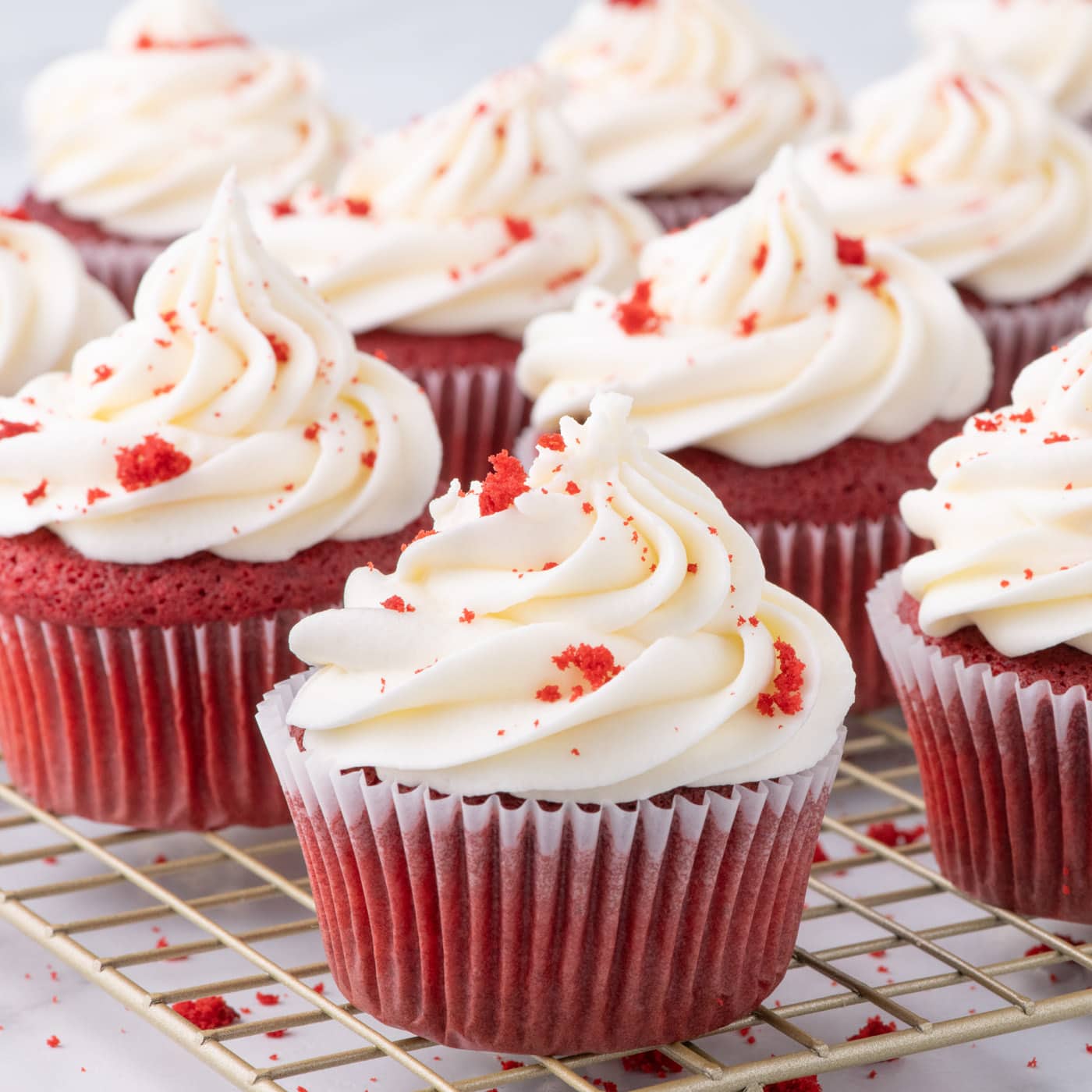 Red Velvet Cupcakes on a wire rack