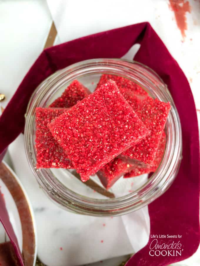 An overhead photo of red velvet fudge squares.