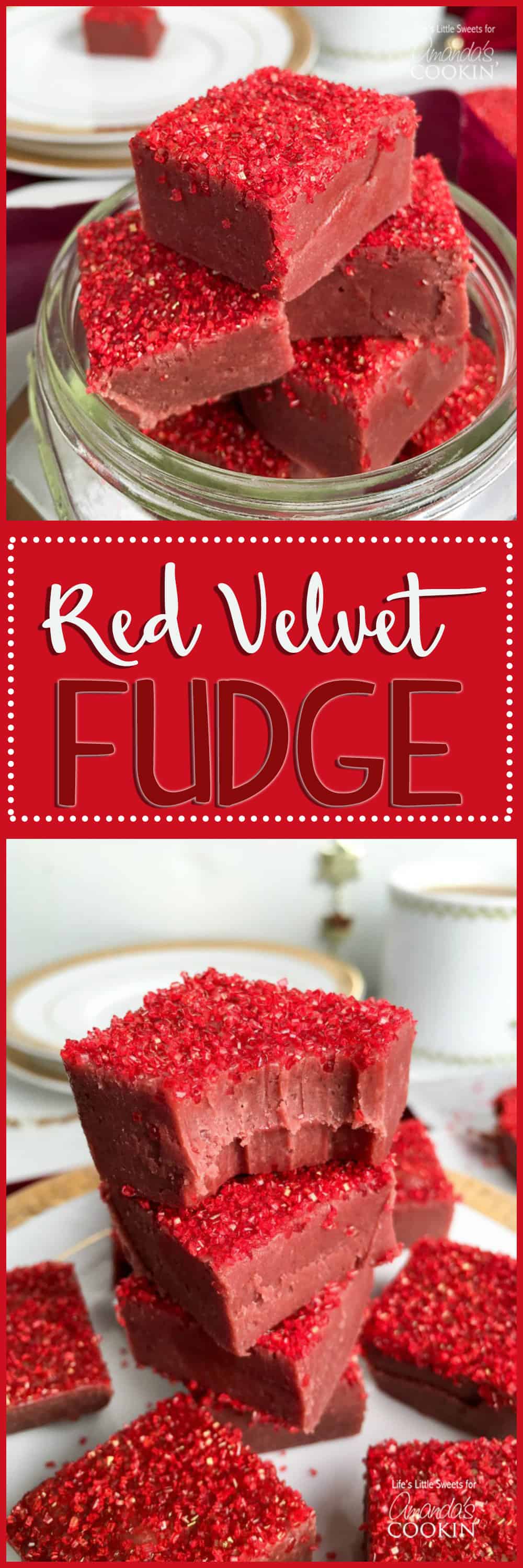 Photos of red velvet fudge squares.