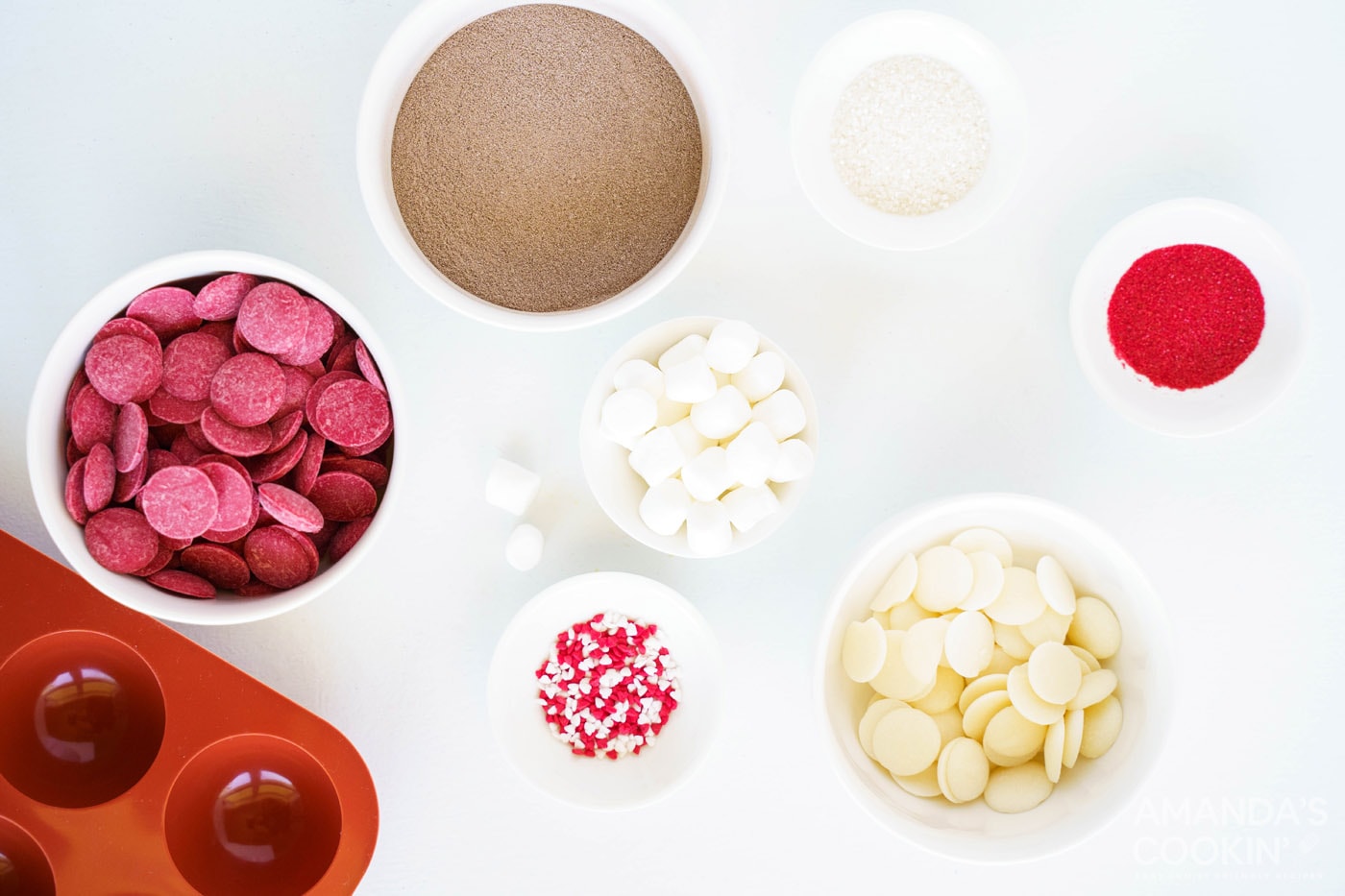 ingredients for making red velvet hot cocoa bombs