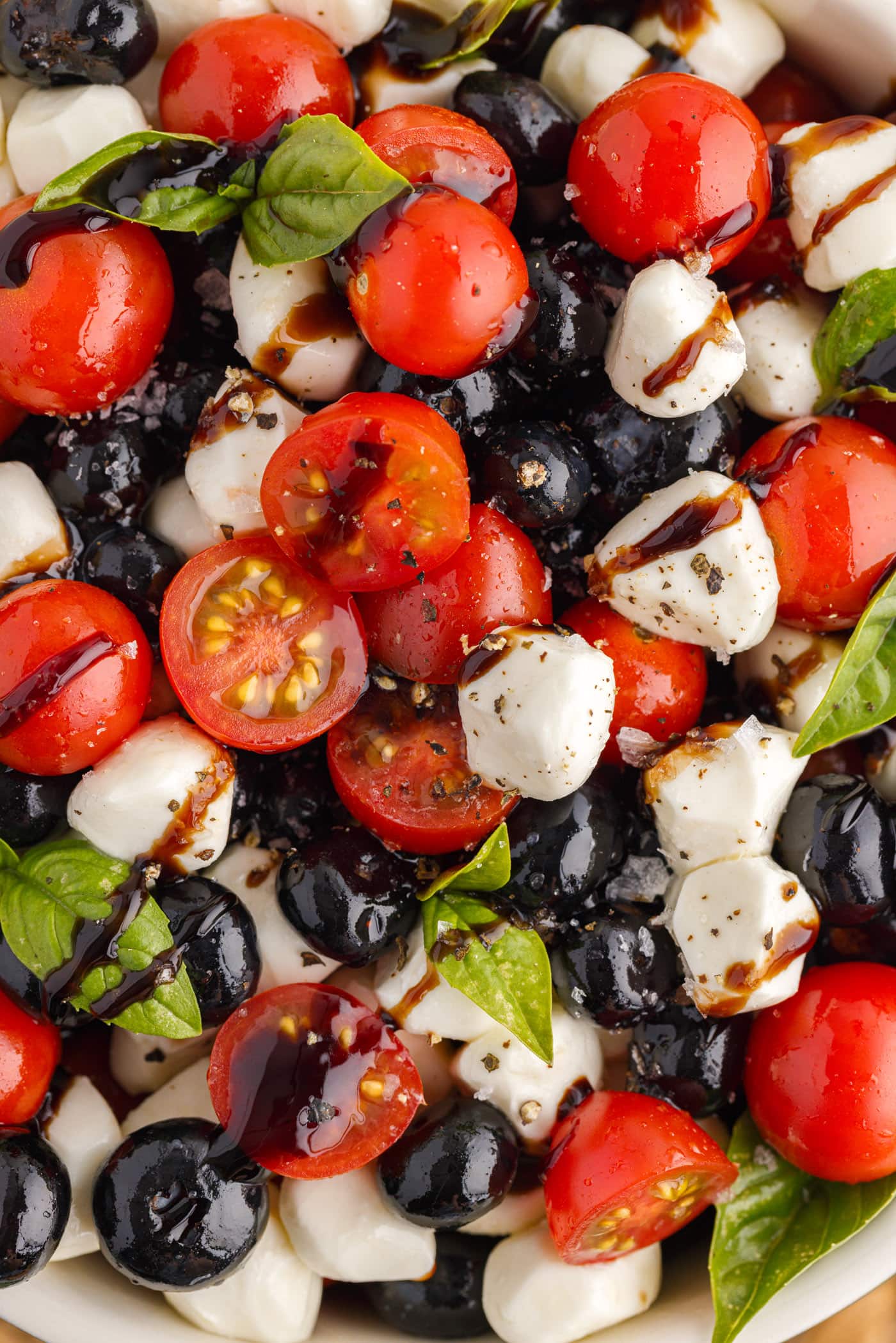 Close up photo of Red, White & Blue Caprese Salad