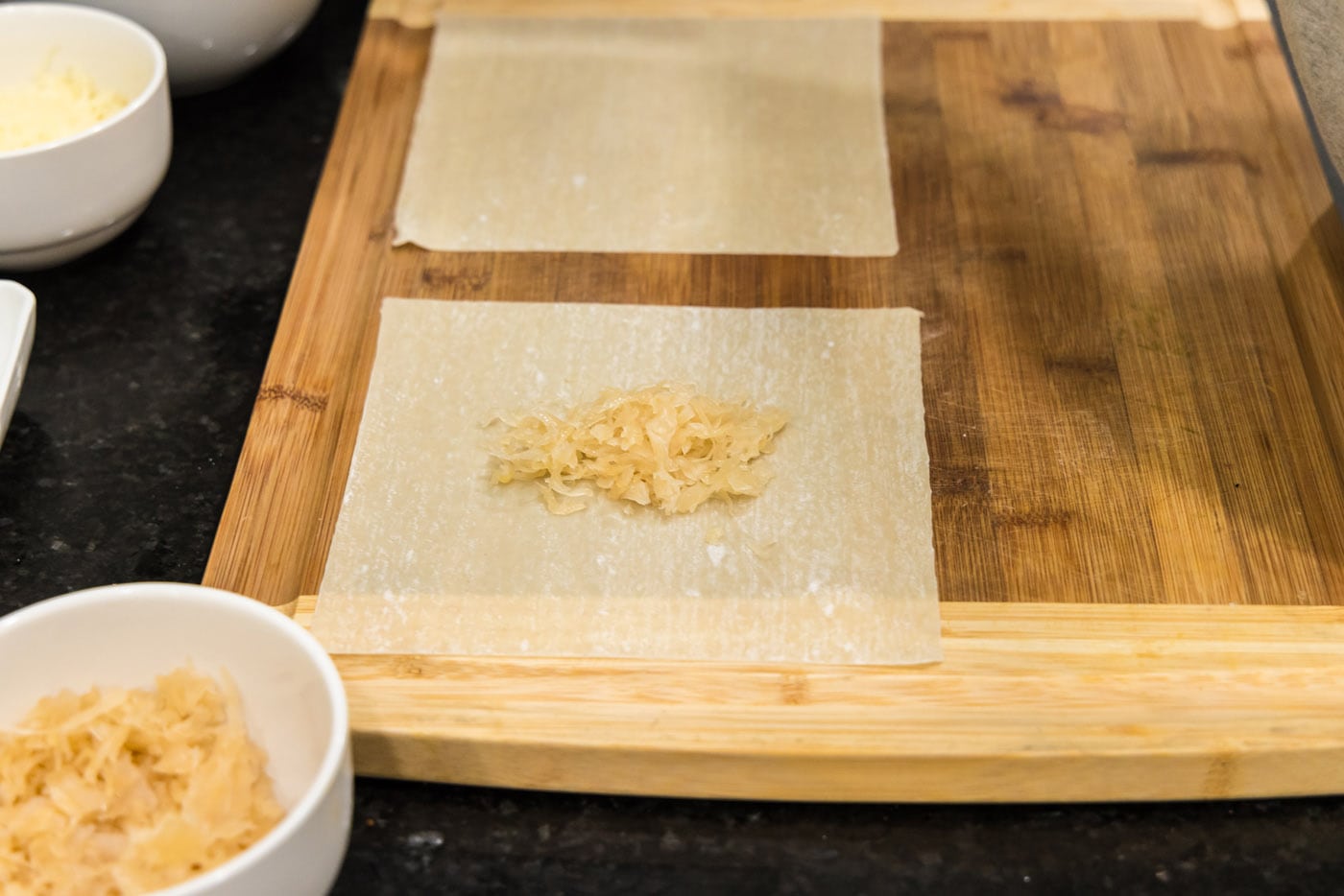 sauerkraut on an egg roll wrapper