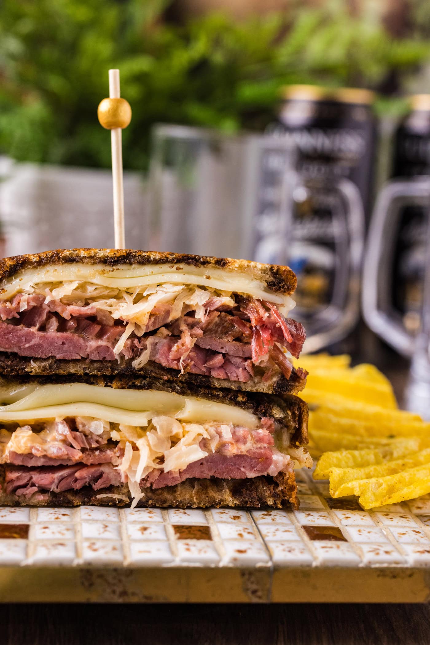 Close up photo of half of a Reuben Sandwich