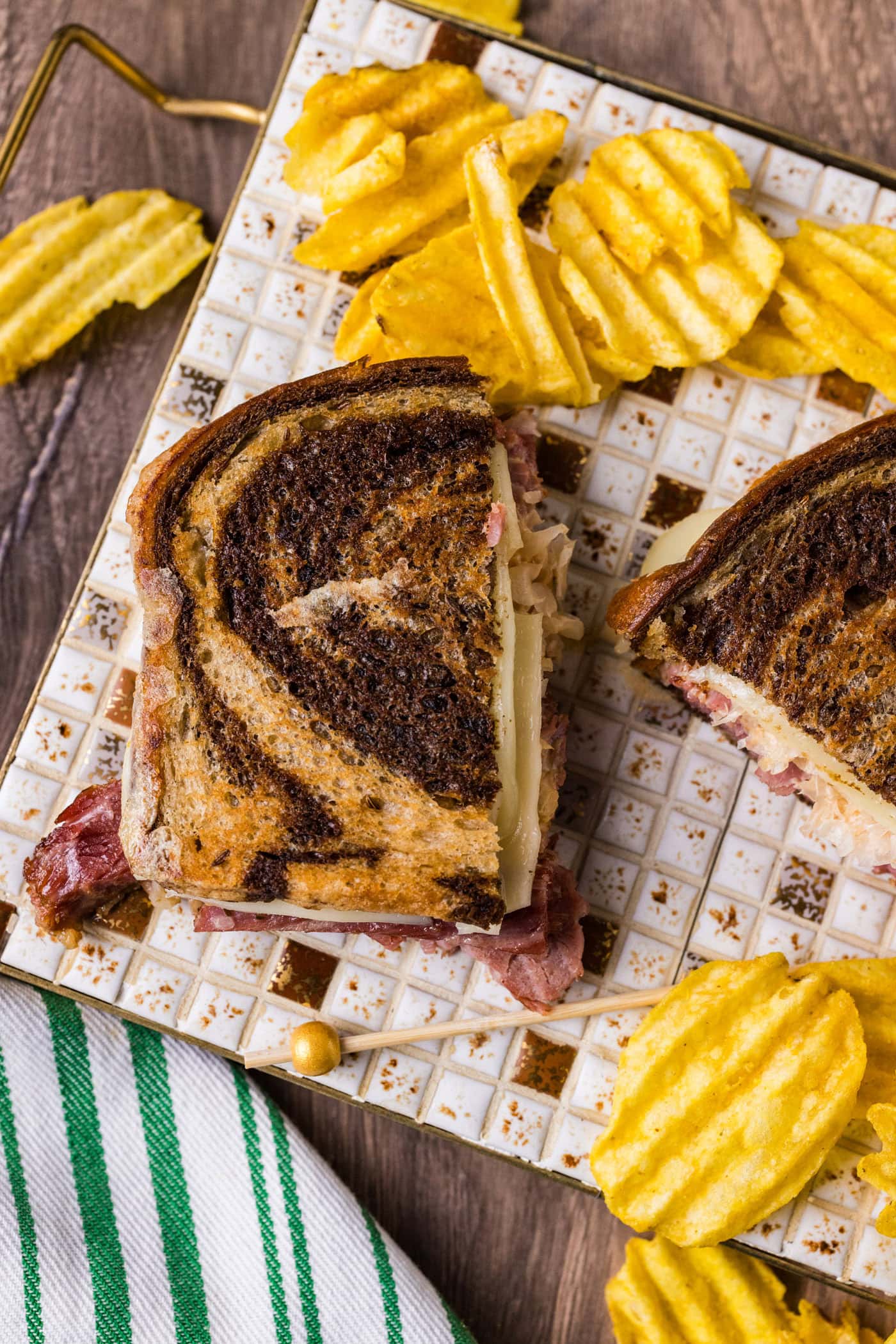 Overhead photo of half of a Reuben Sandwich